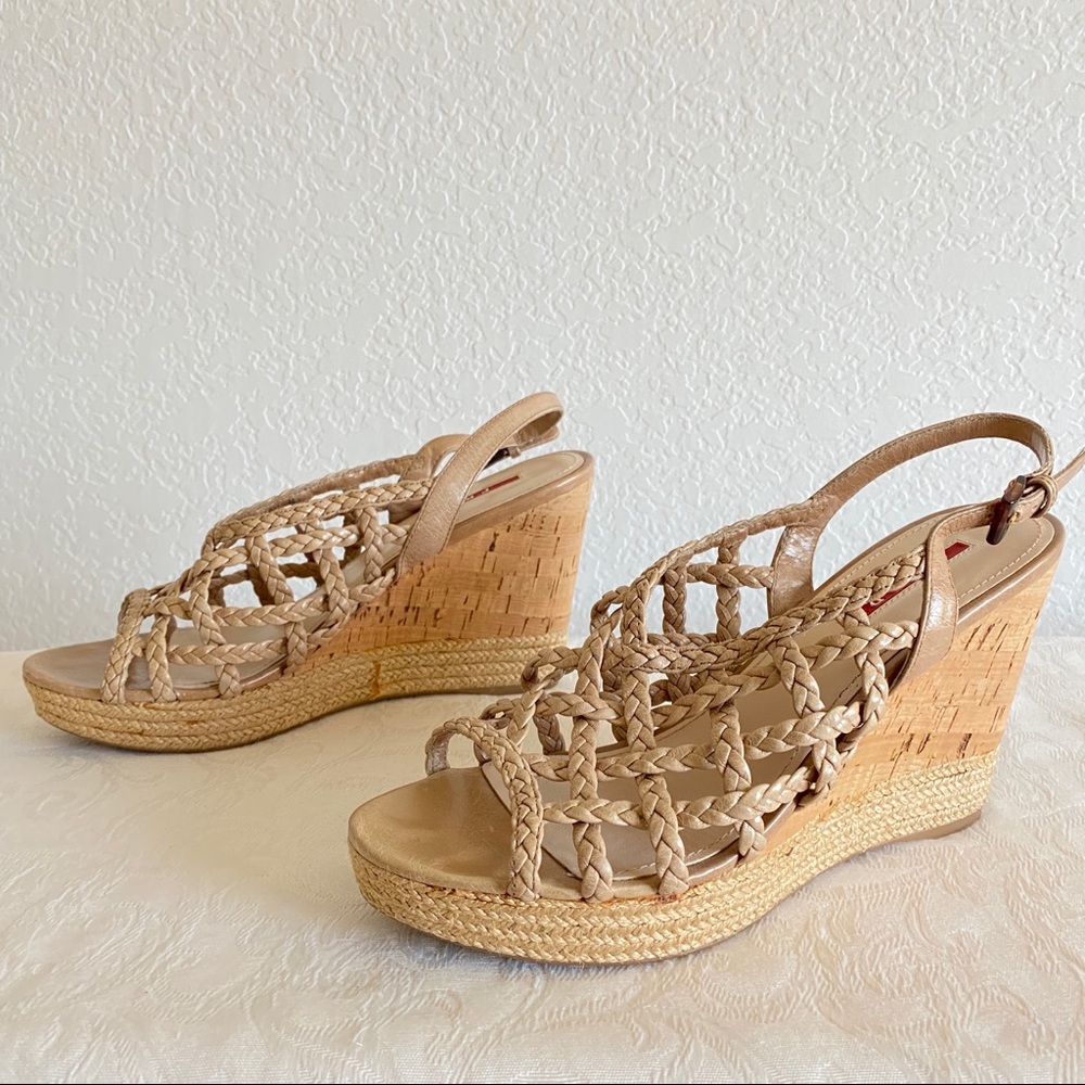 Prada beige Braided Leather Cage Wedge platform Espadrille Sandals